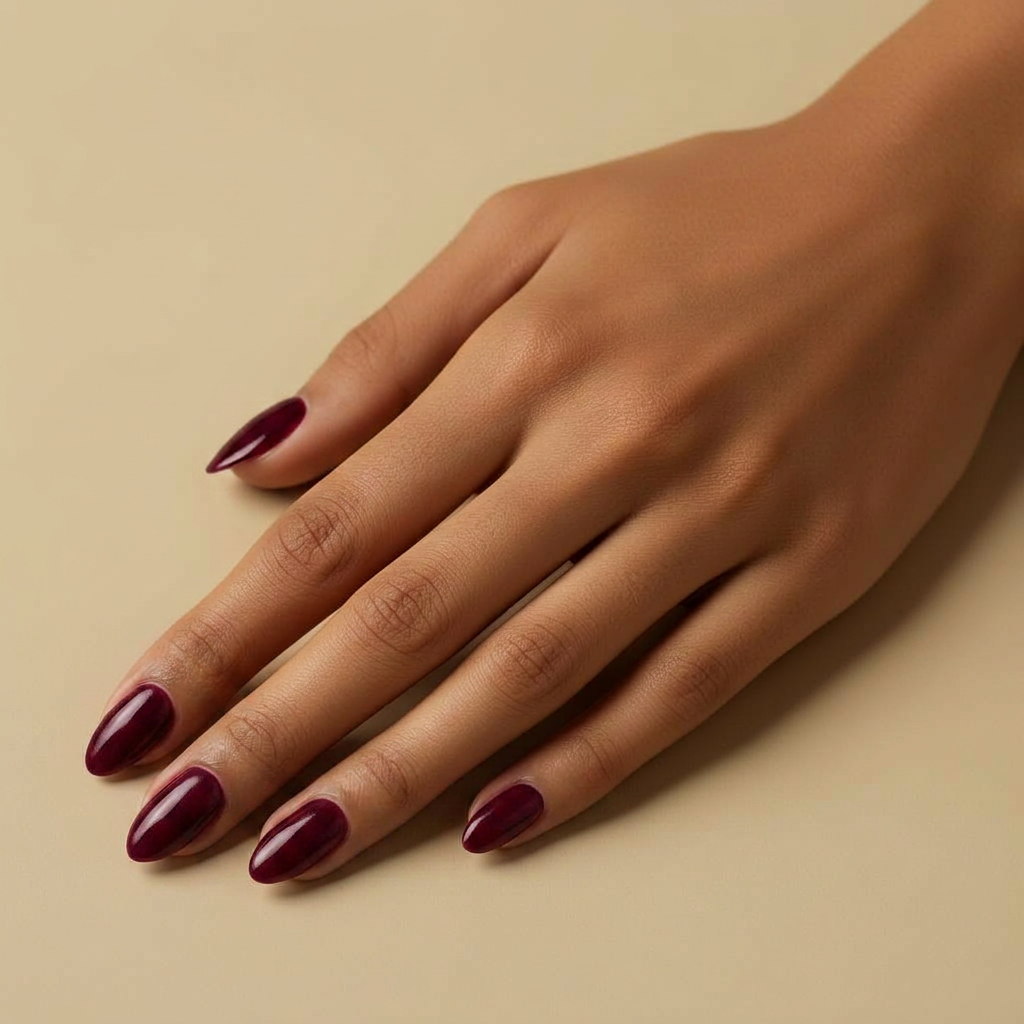 After: burgundy almond manicure rendered by AI on the client's own hand